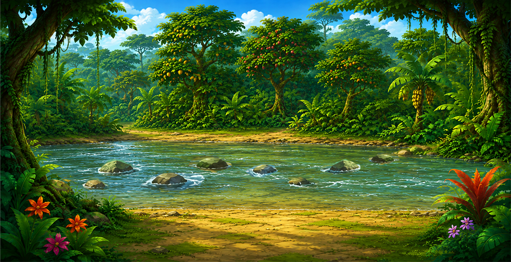 A jungle river with stepping stones